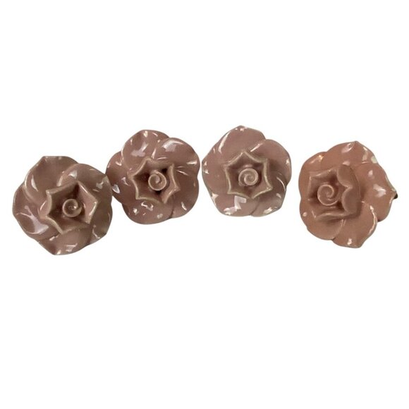 Set Of 4 Vintage Style Blush Pink Ceramic Rose Drawer Knobs With Brass Hardware - Picture 3 of 7